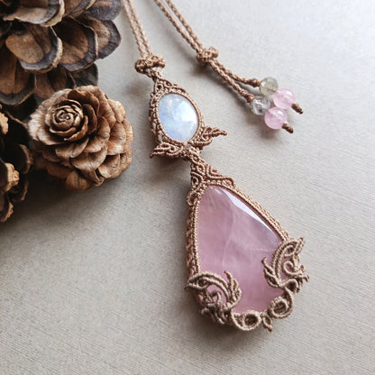 Rose Quartz Moonstone Macrame Necklace | Pendant size 8 cm