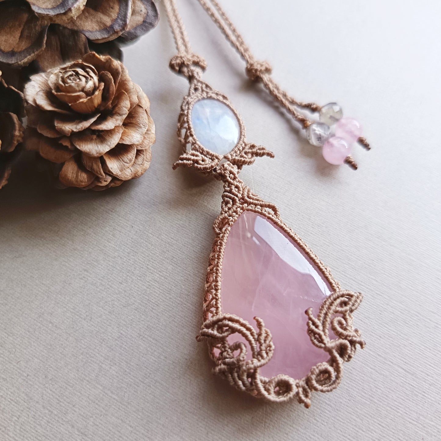 Rose Quartz Moonstone Macrame Necklace | Pendant size 8 cm