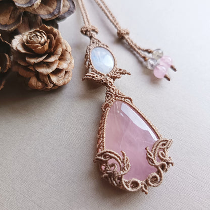 Rose Quartz Moonstone Macrame Necklace | Pendant size 8 cm