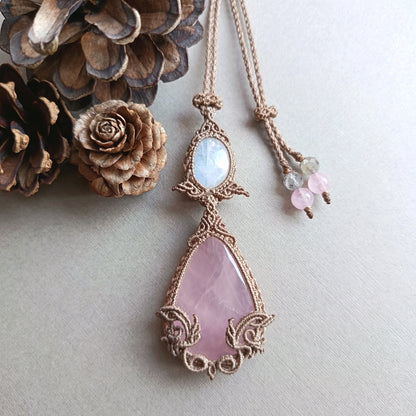 Rose Quartz Moonstone Macrame Necklace | Pendant size 8 cm