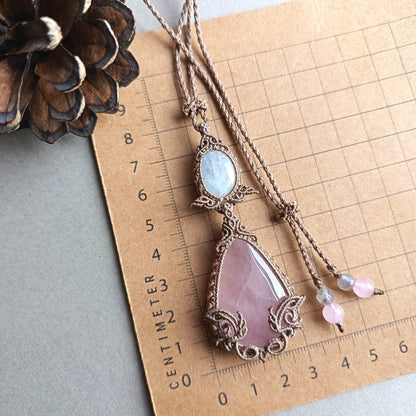 Rose Quartz Moonstone Macrame Necklace | Pendant size 8 cm