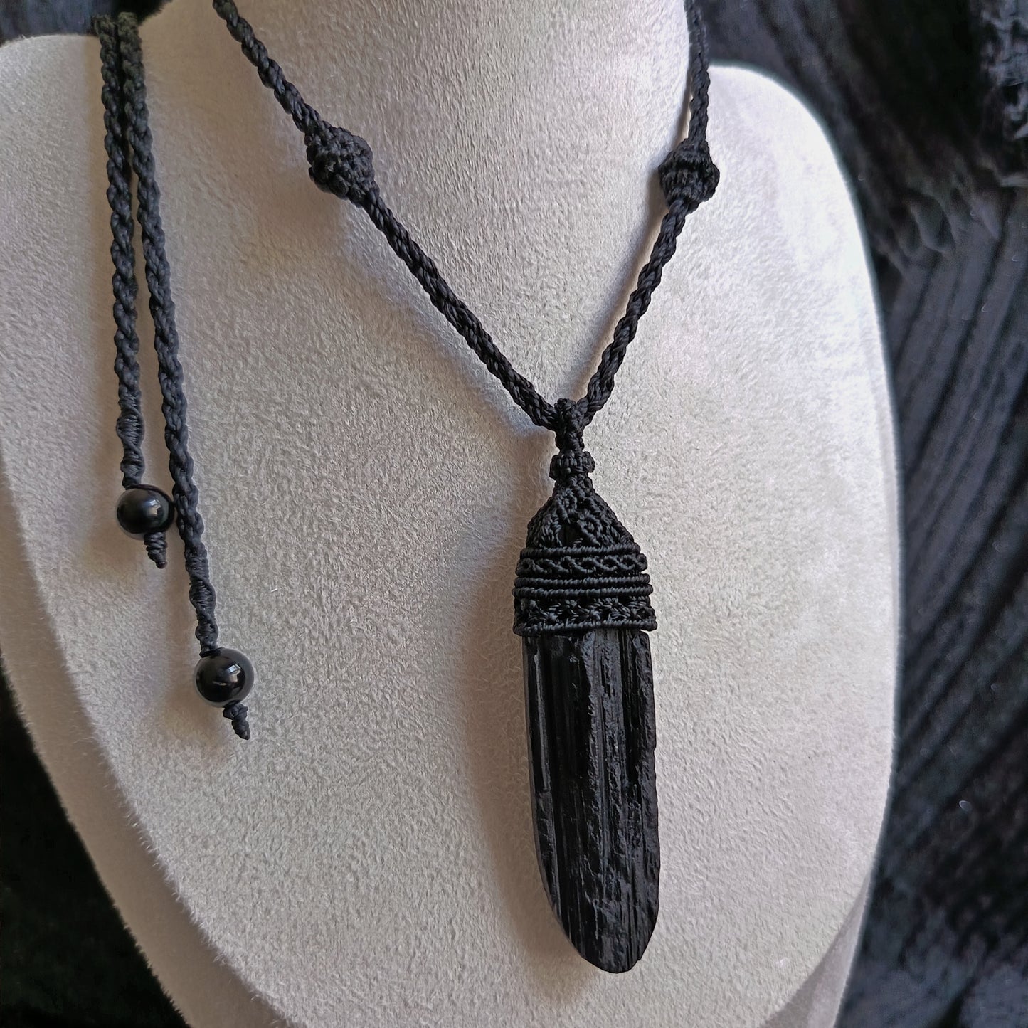 Black Tourmaline Macrame Necklace | Pendant size 8.2 cm