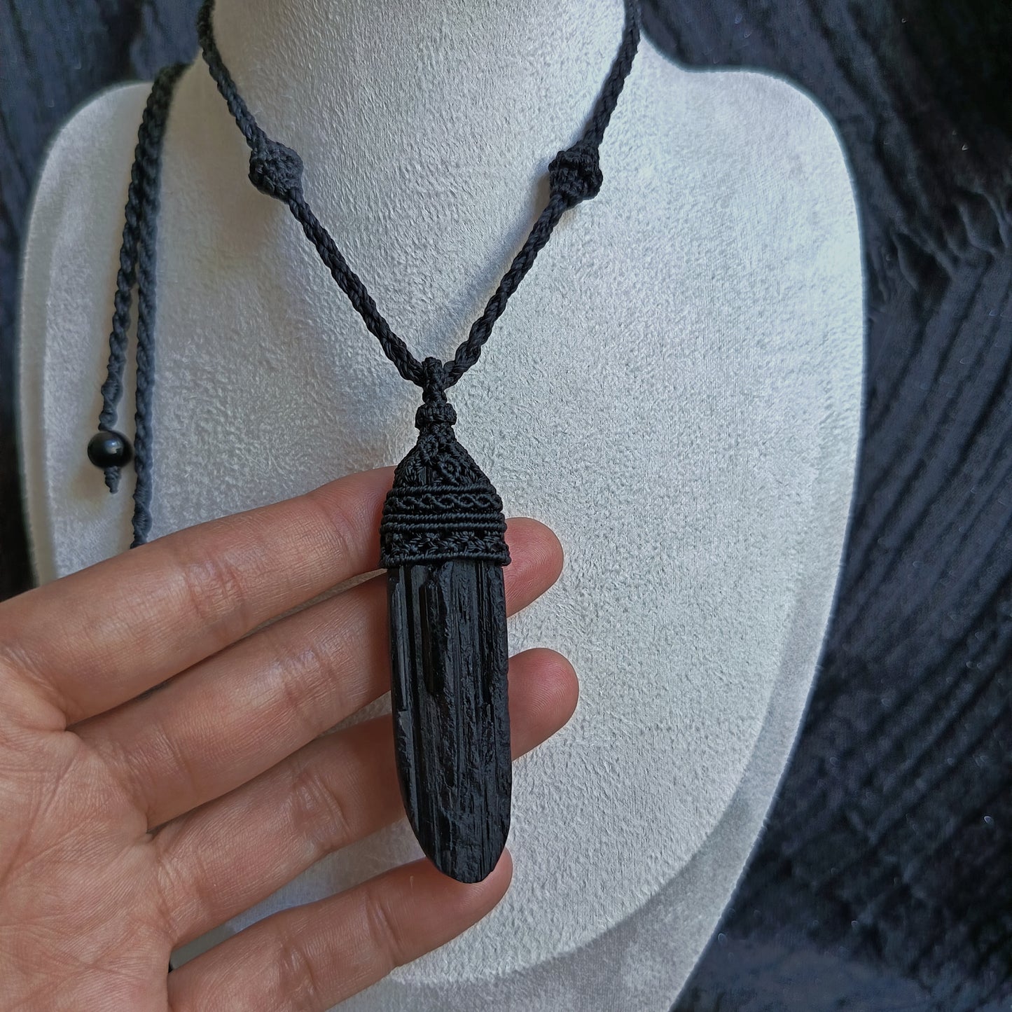 Black Tourmaline Macrame Necklace | Pendant size 8.2 cm