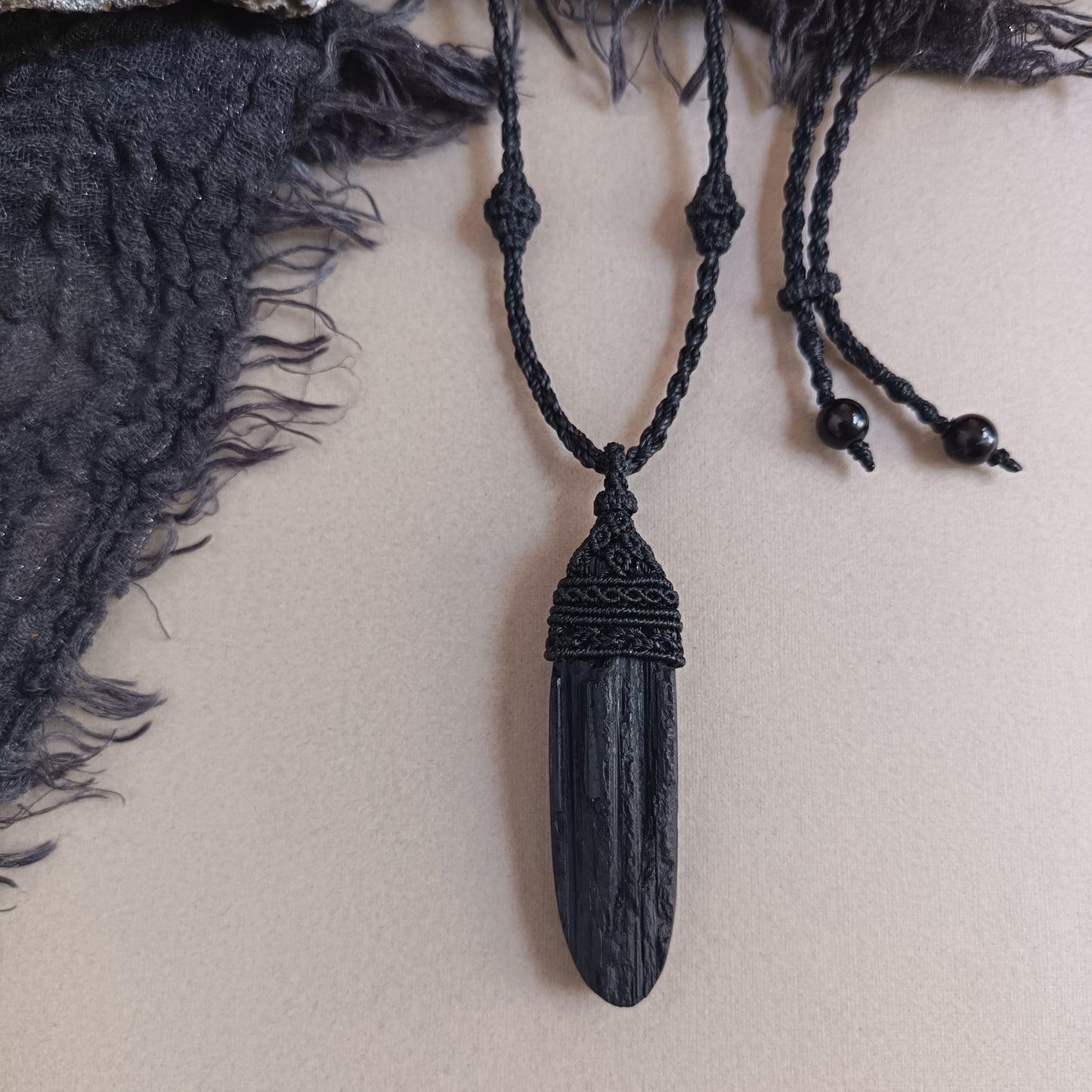 Black Tourmaline Macrame Necklace | Pendant size 8.2 cm