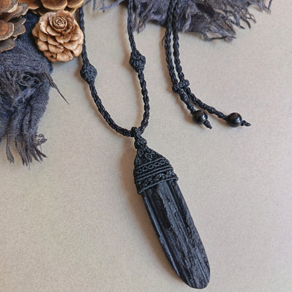Black Tourmaline Macrame Necklace | Pendant size 8.2 cm