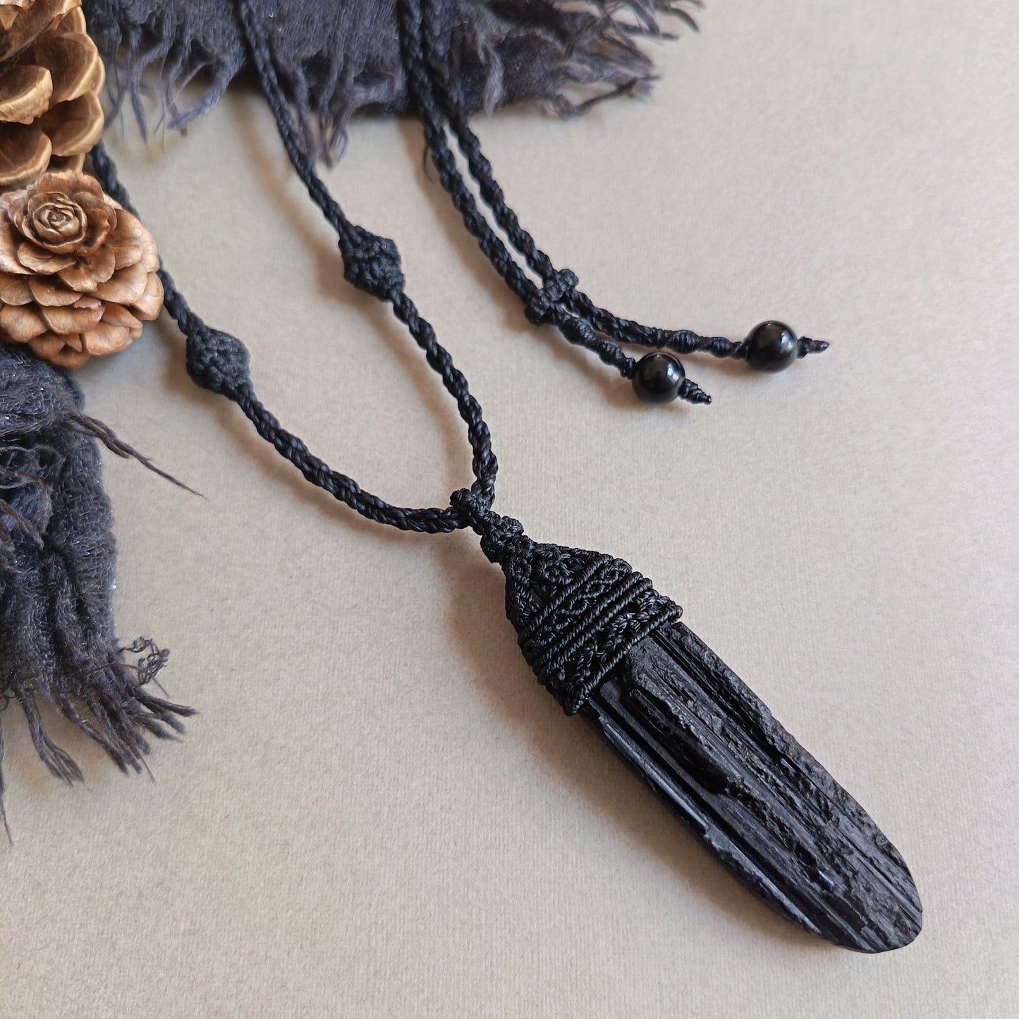 Black Tourmaline Macrame Necklace | Pendant size 8.2 cm
