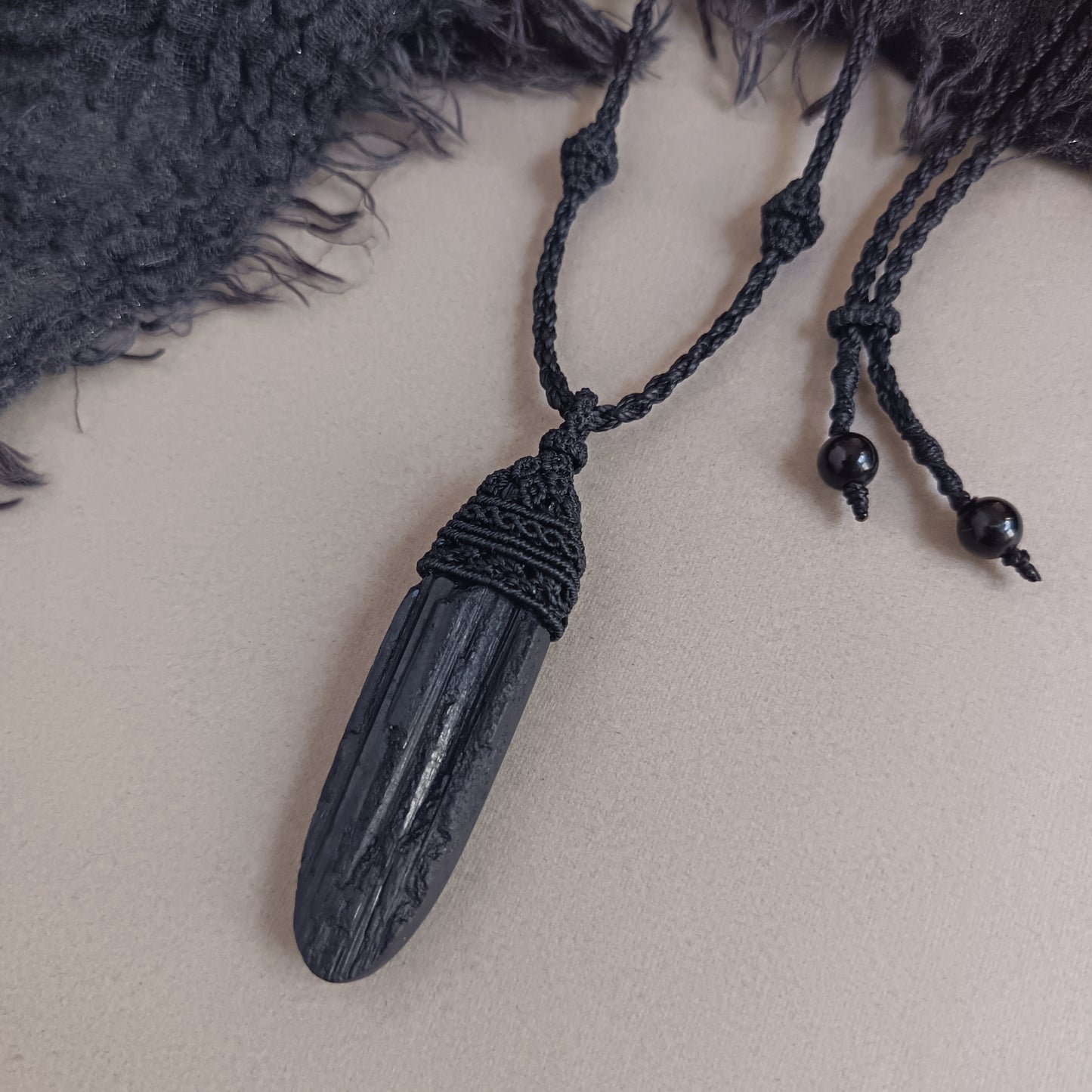 Black Tourmaline Macrame Necklace | Pendant size 8.2 cm