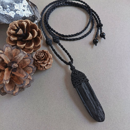 Black Tourmaline Macrame Necklace | Pendant size 8.2 cm