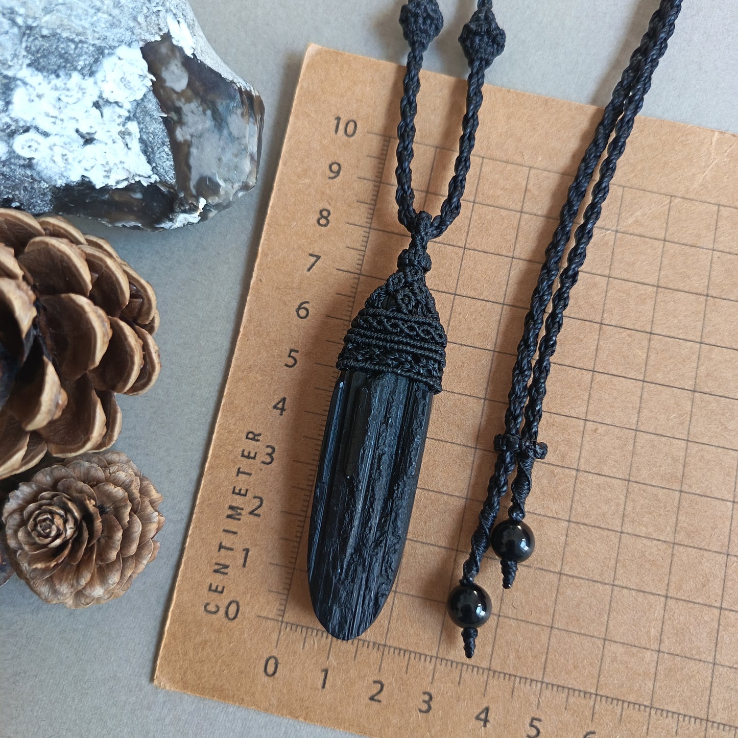 Black Tourmaline Macrame Necklace | Pendant size 8.2 cm