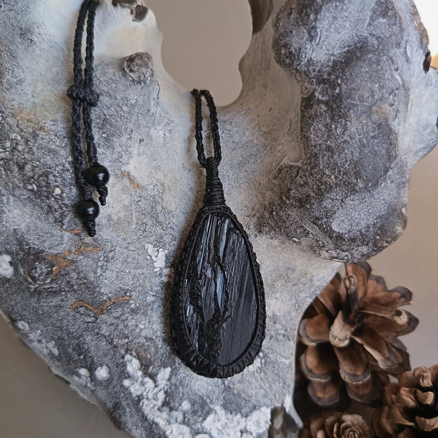 Black Tourmaline Macrame Necklace | Pendant size 6.5 cm