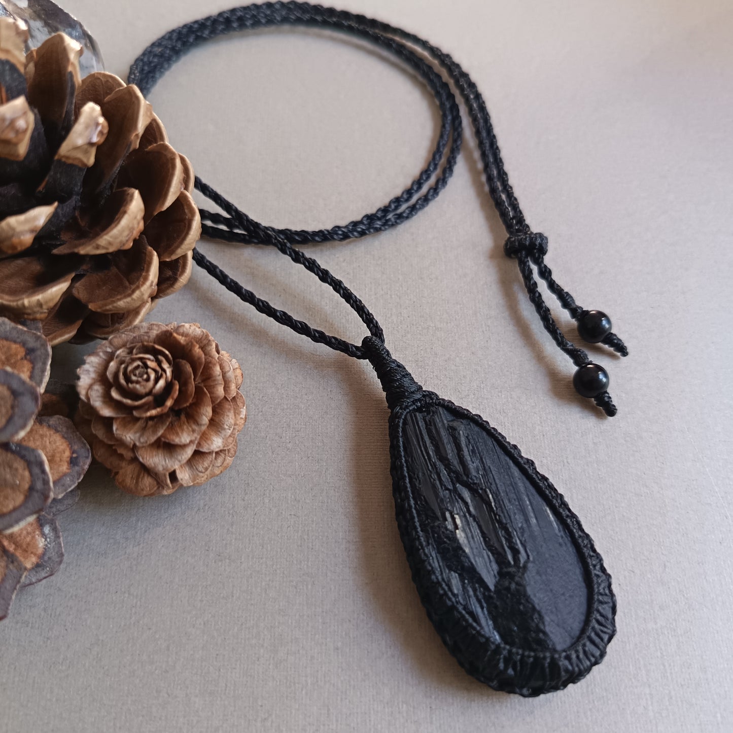 Black Tourmaline Macrame Necklace | Pendant size 6.5 cm