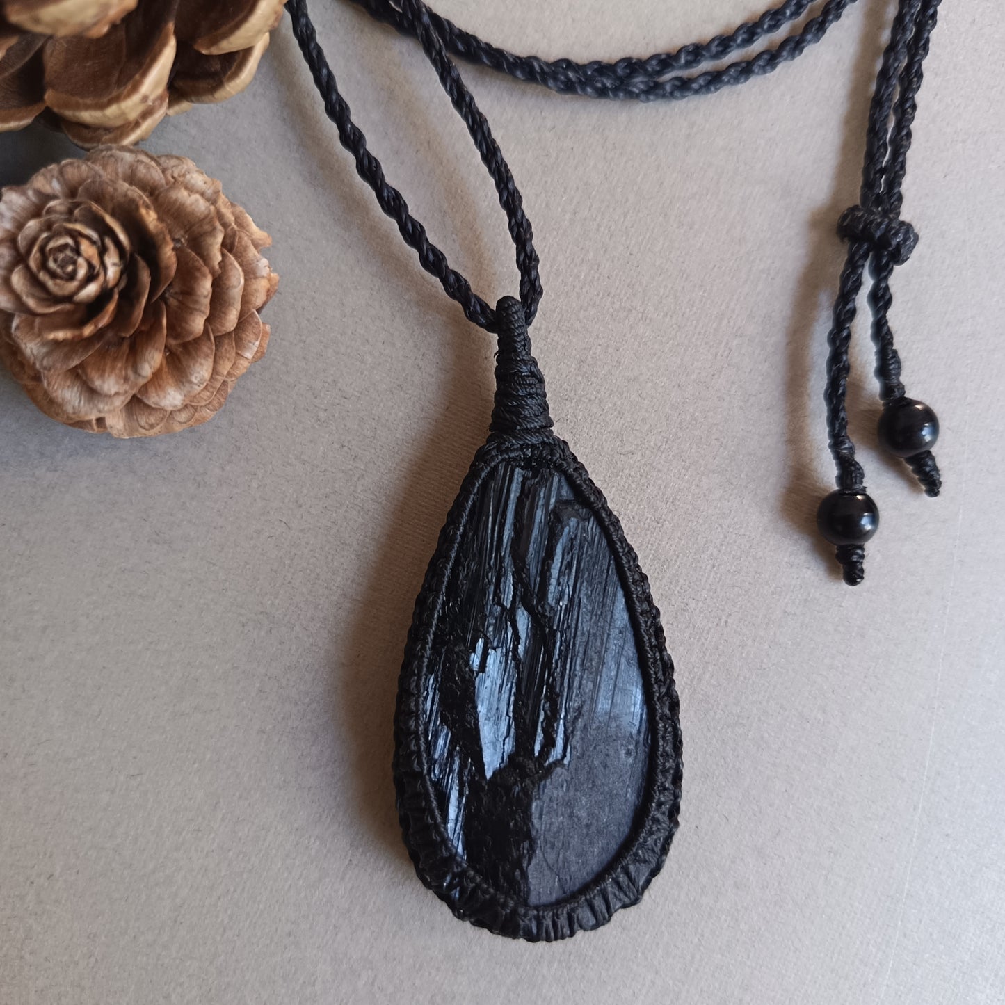 Black Tourmaline Macrame Necklace | Pendant size 6.5 cm