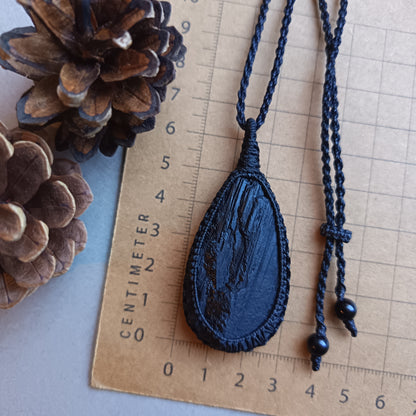 Black Tourmaline Macrame Necklace | Pendant size 6.5 cm