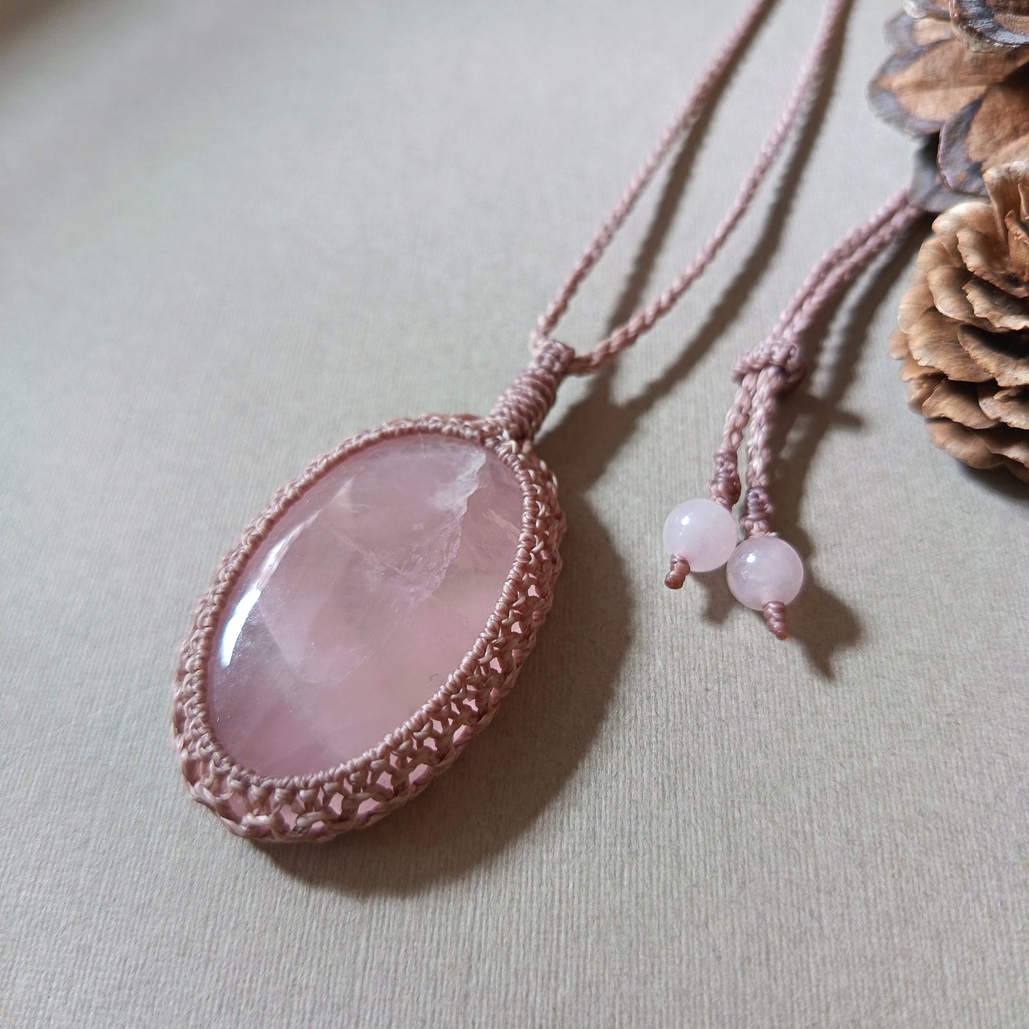 Rose Quartz Macrame Necklace | Pendant size 5.6 cm