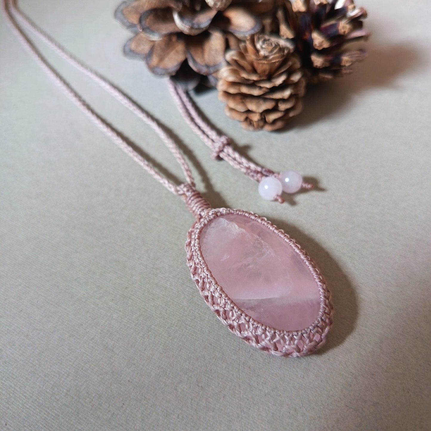 Rose Quartz Macrame Necklace | Pendant size 5.6 cm