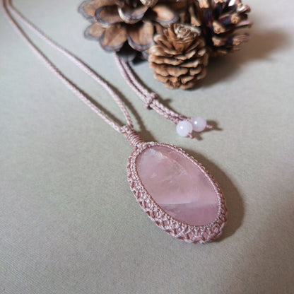 Rose Quartz Macrame Necklace | Pendant size 5.6 cm