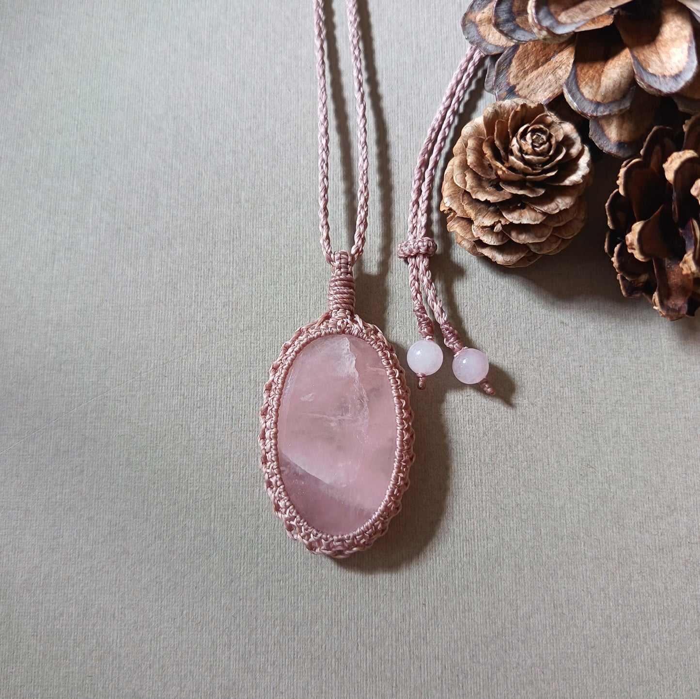 Rose Quartz Macrame Necklace | Pendant size 5.6 cm