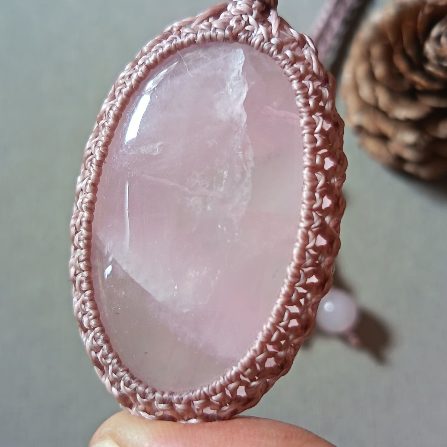 Rose Quartz Macrame Necklace | Pendant size 5.6 cm