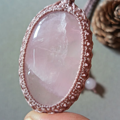 Rose Quartz Macrame Necklace | Pendant size 5.6 cm