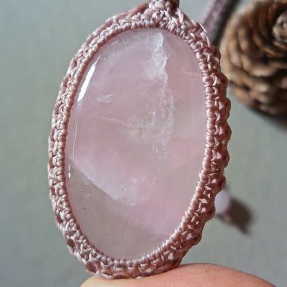 Rose Quartz Macrame Necklace | Pendant size 5.6 cm