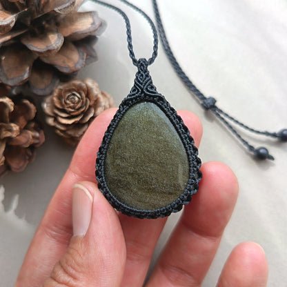 Golden Sheen Obsidian Macrame Necklace | Pendant size 5 cm