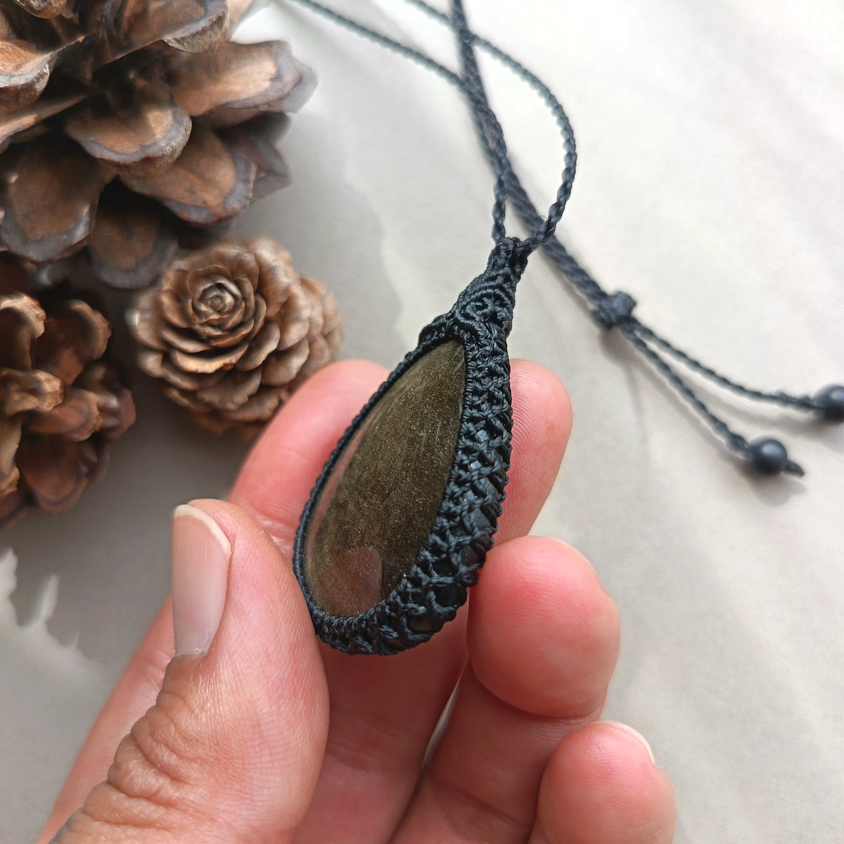 Golden Sheen Obsidian Macrame Necklace | Pendant size 5 cm