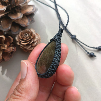Golden Sheen Obsidian Macrame Necklace | Pendant size 5 cm