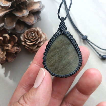 Golden Sheen Obsidian Macrame Necklace | Pendant size 5 cm