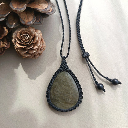 Golden Sheen Obsidian Macrame Necklace | Pendant size 5 cm