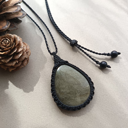 Golden Sheen Obsidian Macrame Necklace | Pendant size 5 cm