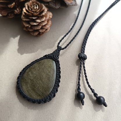 Golden Sheen Obsidian Macrame Necklace | Pendant size 5 cm