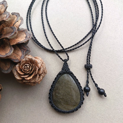 Golden Sheen Obsidian Macrame Necklace | Pendant size 5 cm