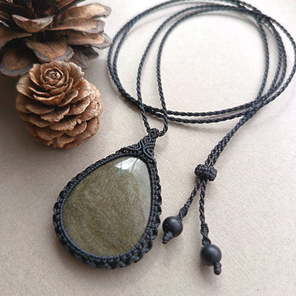 Golden Sheen Obsidian Macrame Necklace | Pendant size 5 cm