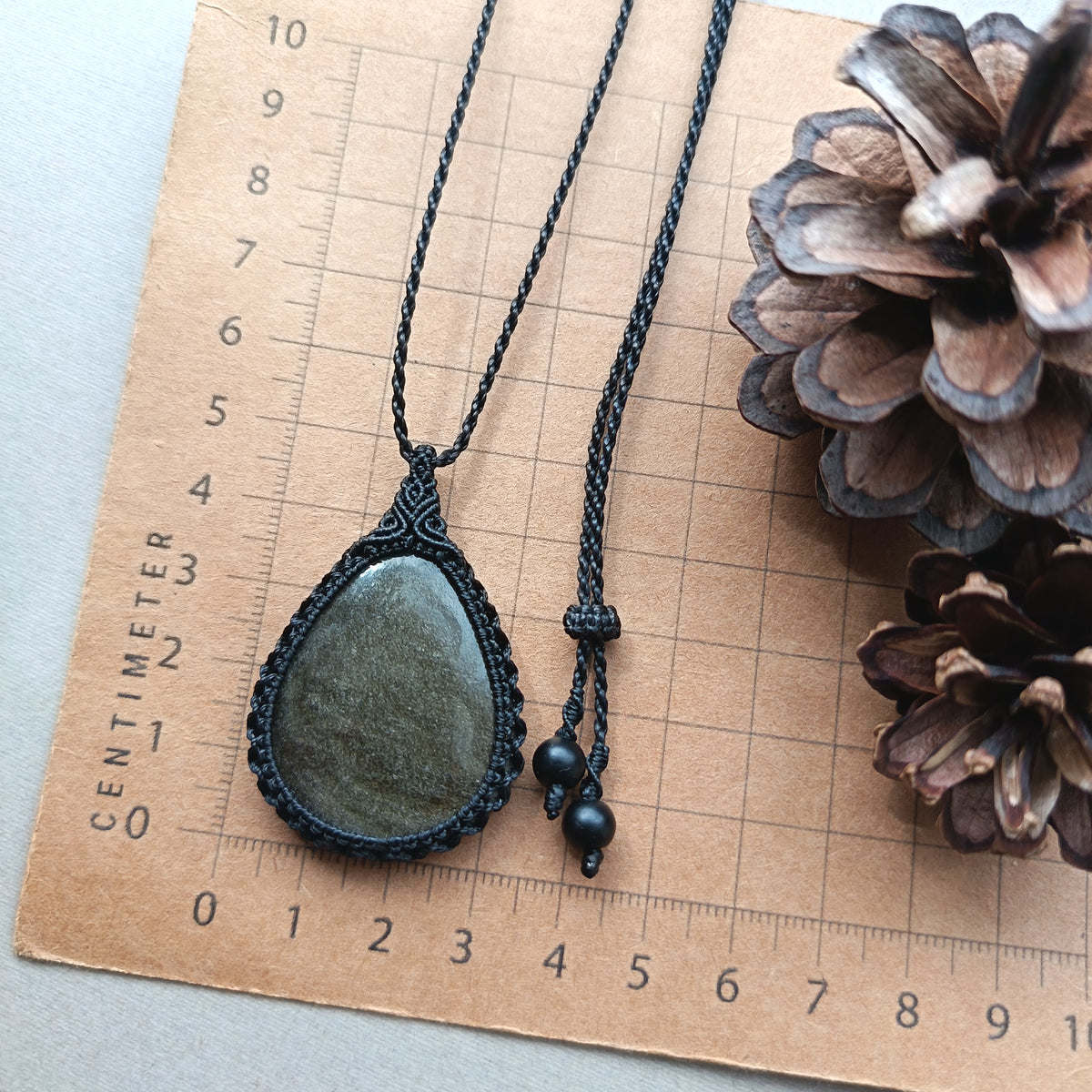 Golden Sheen Obsidian Macrame Necklace | Pendant size 5 cm
