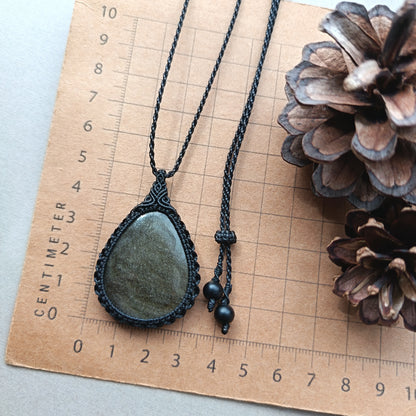 Golden Sheen Obsidian Macrame Necklace | Pendant size 5 cm