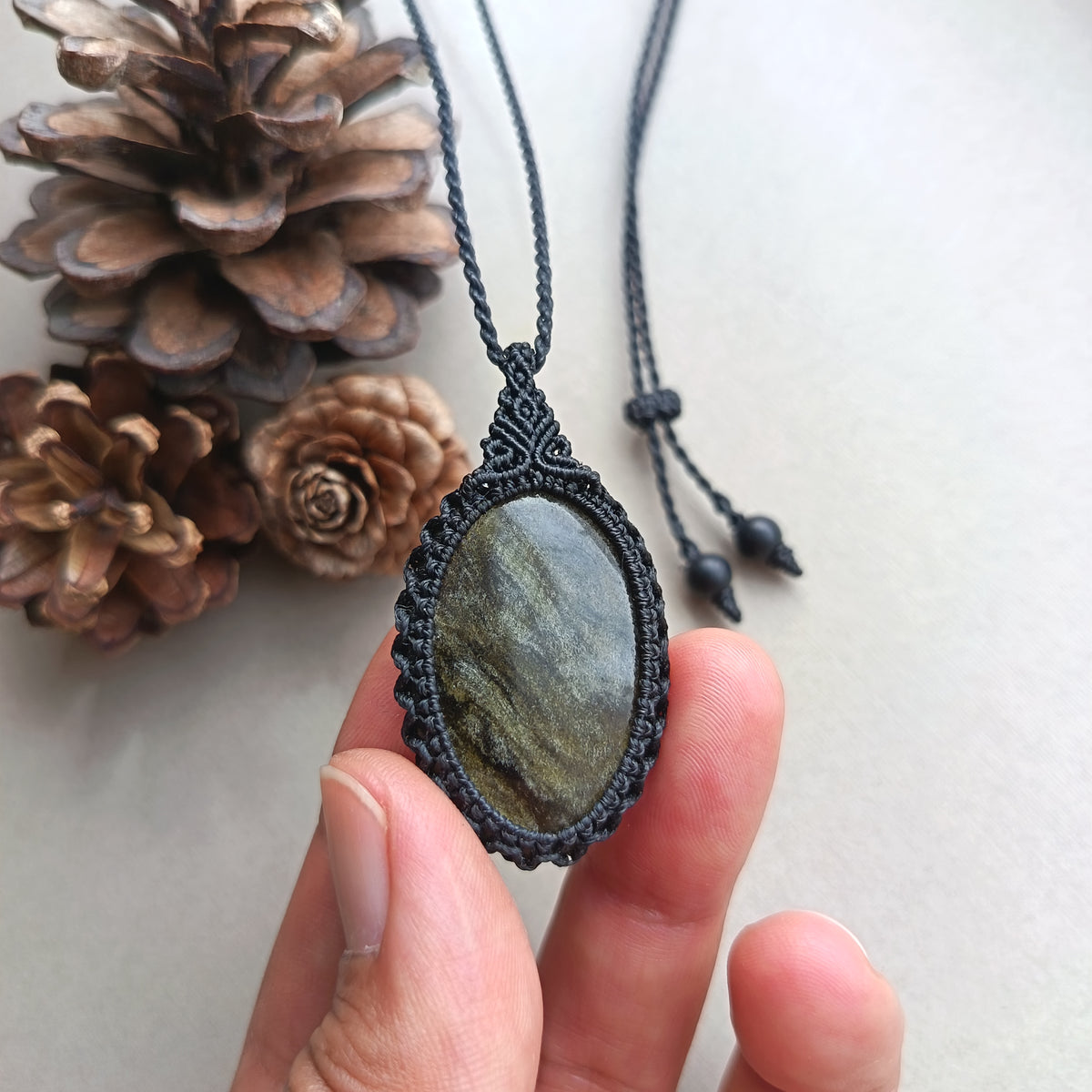 Golden Sheen Obsidian Macrame Necklace | Pendant size  4.9 cm
