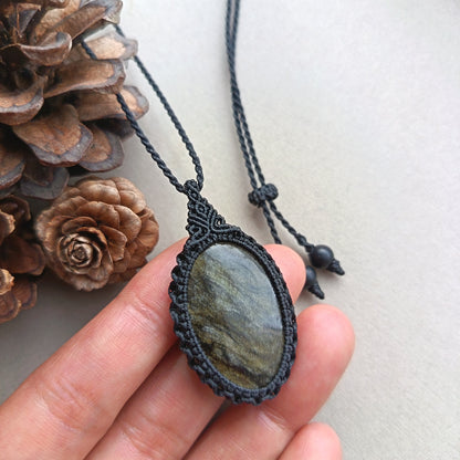 Golden Sheen Obsidian Macrame Necklace | Pendant size  4.9 cm