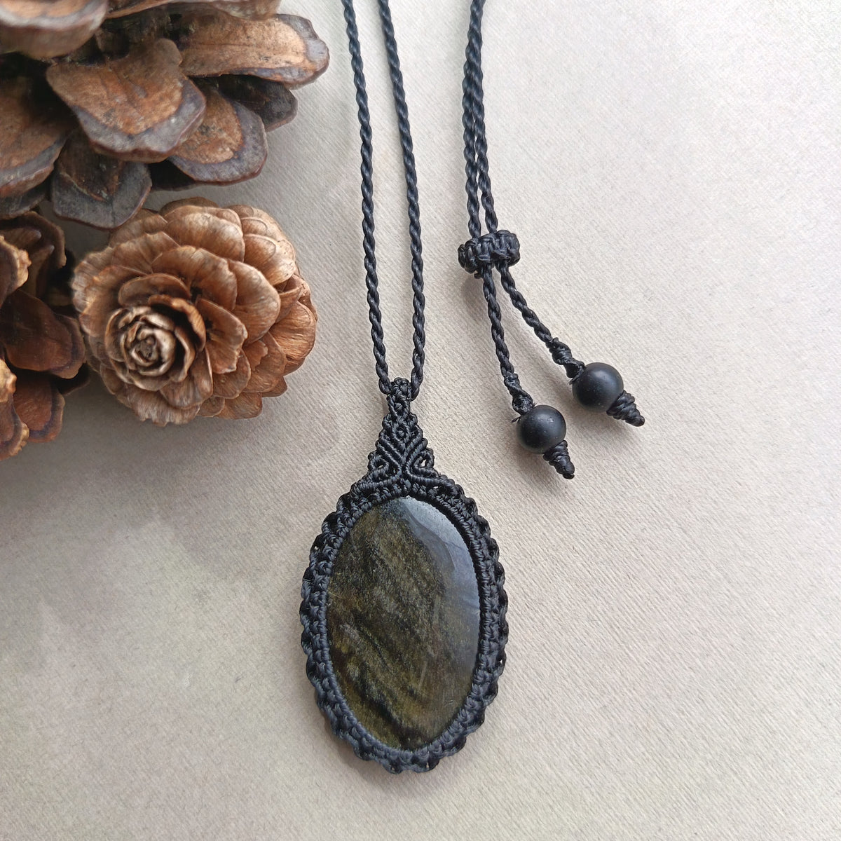 Golden Sheen Obsidian Macrame Necklace | Pendant size  4.9 cm