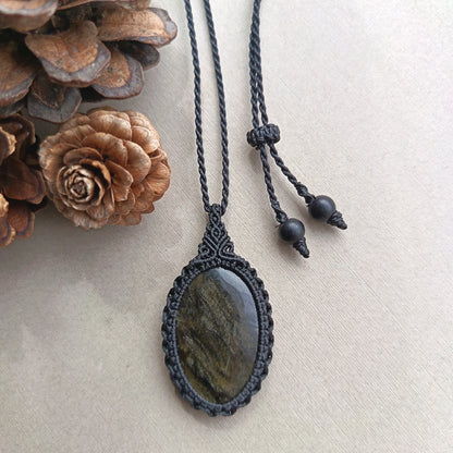 Golden Sheen Obsidian Macrame Necklace | Pendant size  4.9 cm