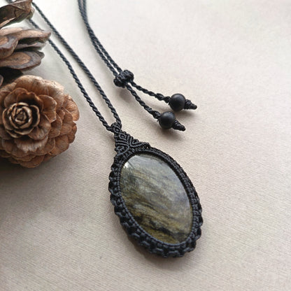 Golden Sheen Obsidian Macrame Necklace | Pendant size  4.9 cm