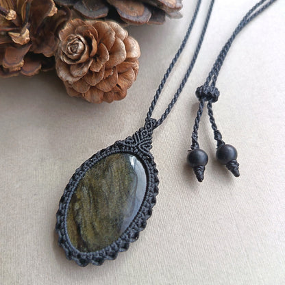 Golden Sheen Obsidian Macrame Necklace | Pendant size  4.9 cm
