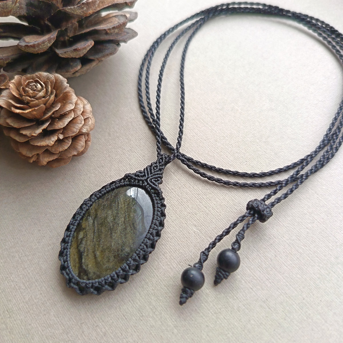 Golden Sheen Obsidian Macrame Necklace | Pendant size  4.9 cm