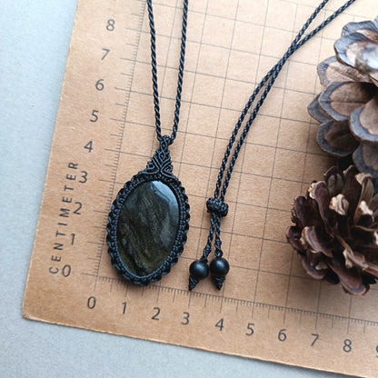 Golden Sheen Obsidian Macrame Necklace | Pendant size  4.9 cm