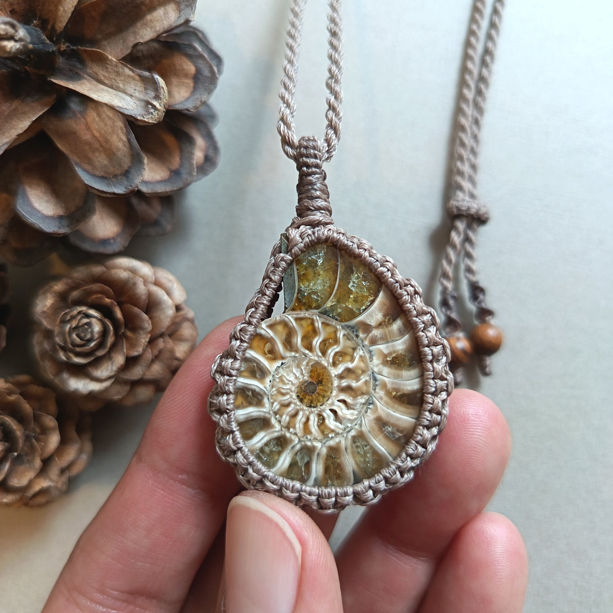 Ammonite Fossil Macrame Necklace | Pendant size 5.2 cm