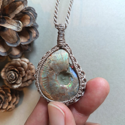 Ammonite Fossil Macrame Necklace | Pendant size 5.2 cm