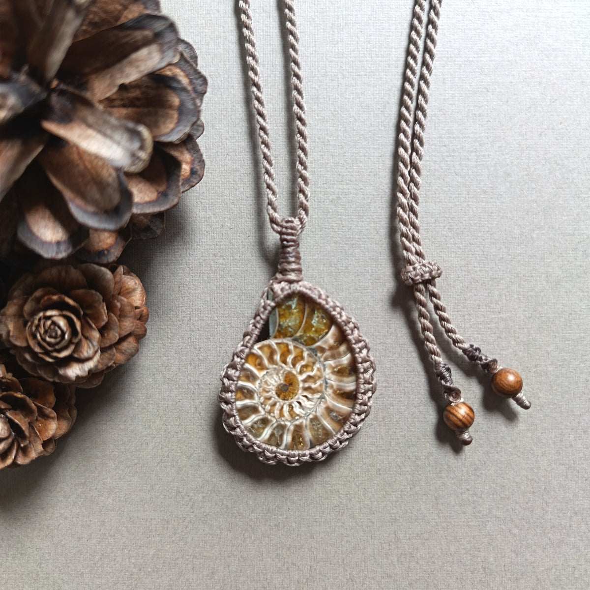 Ammonite Fossil Macrame Necklace | Pendant size 5.2 cm