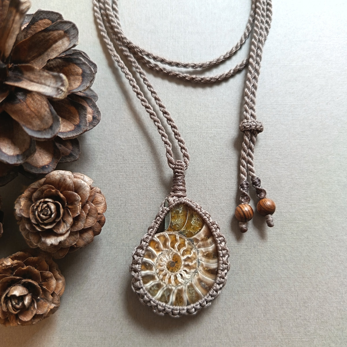 Ammonite Fossil Macrame Necklace | Pendant size 5.2 cm