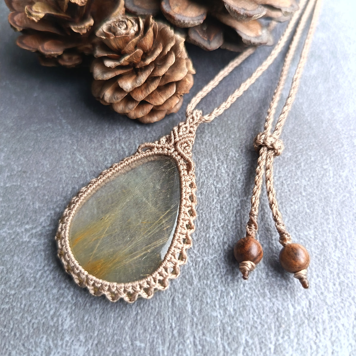 Golden Rutile Quartz Macrame Necklace | Pendant size 5 cm