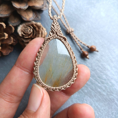 Golden Rutile Quartz Macrame Necklace | Pendant size 5 cm
