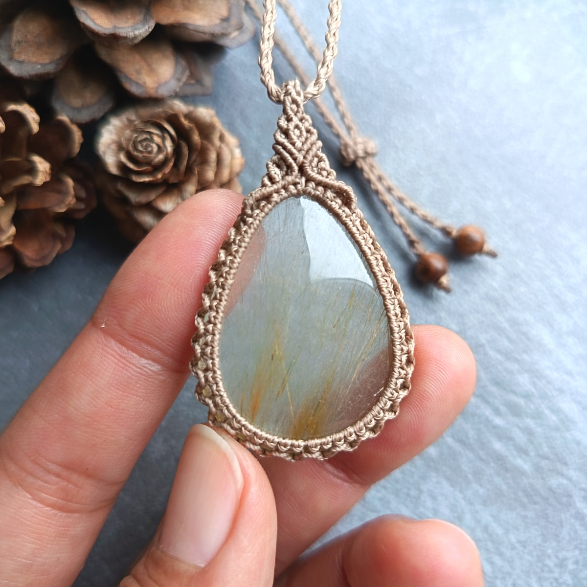 Golden Rutile Quartz Macrame Necklace | Pendant size 5 cm